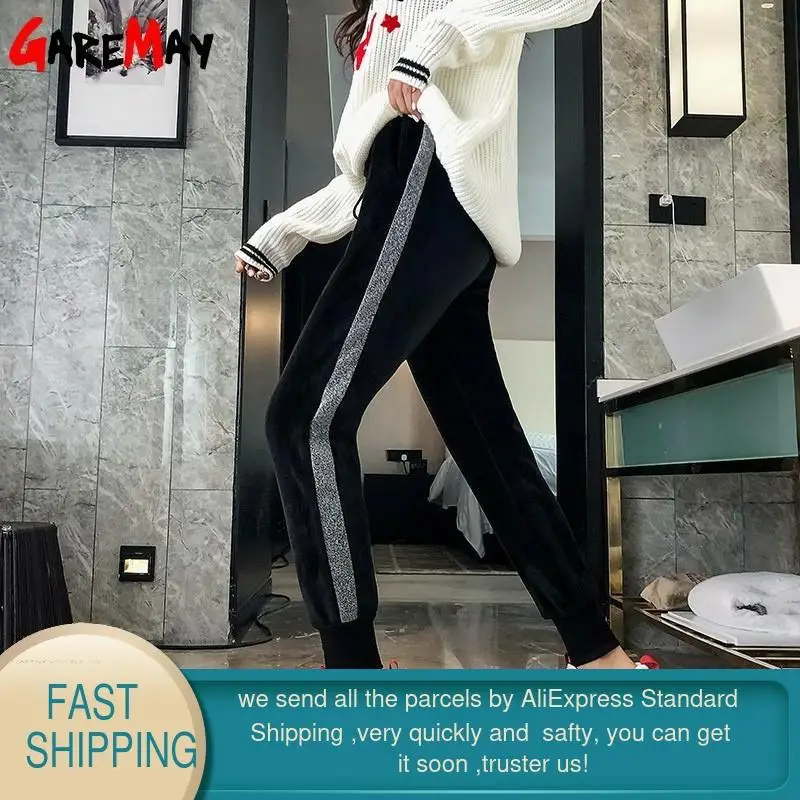 Золотые бархатные шаровары с боковыми разрезами женские зимние брюки большого