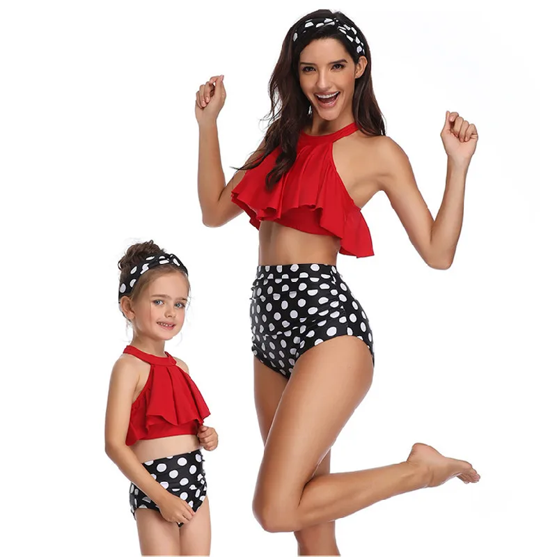 

2021 Family Matching Outfits SwimSuit Parent-child Swimwear Women 2 Piece Bikinis Sets Ruffle Biquini High Waist Girls Bikini