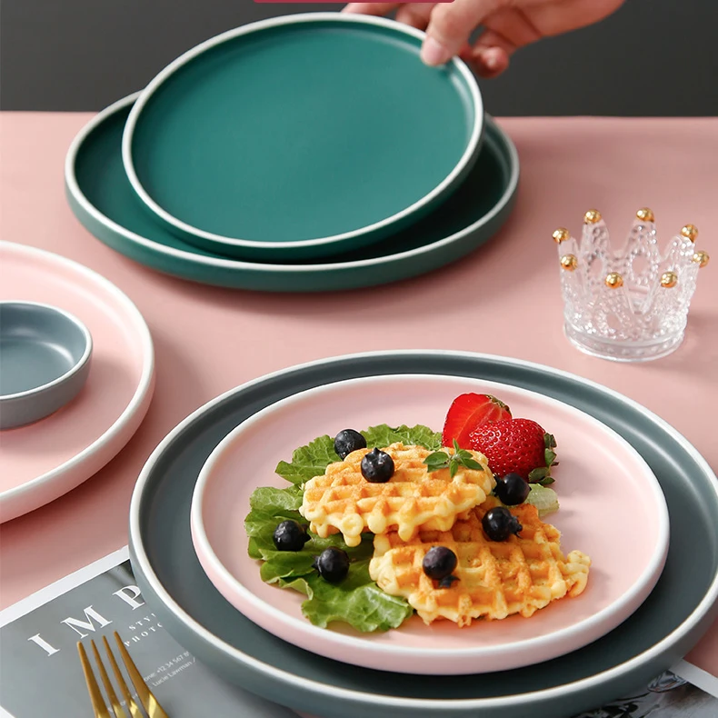 

Round Plate Ceramic Nordic Home Tableware Western Food Plate Steak Salad Plate Kitchen Dish Flat Plate Microwave/Oven Plate
