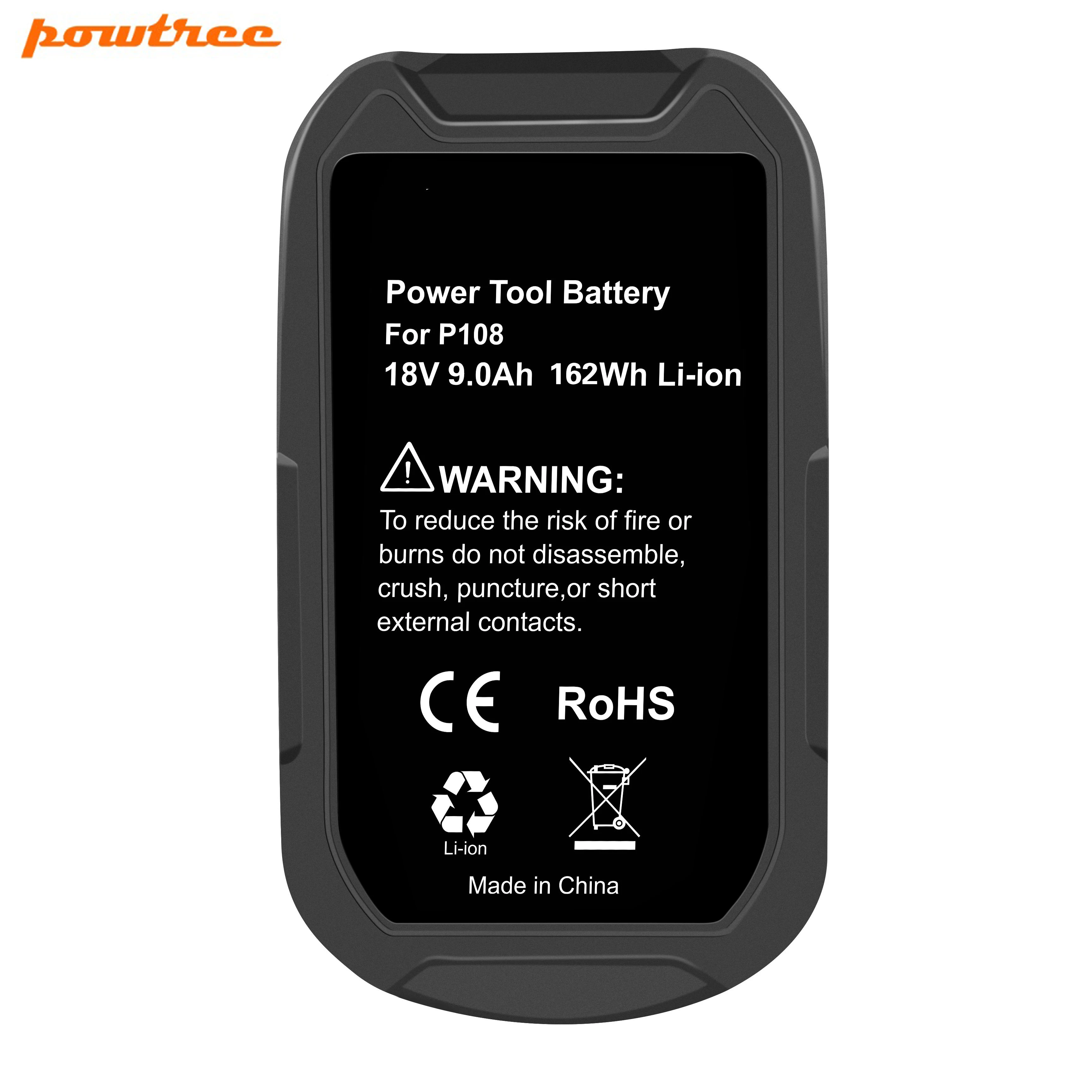Литий ионные аккумуляторы Powtree 18 в 9000 мАч P108 для электроинструментов Ryobi ONE BPL1820 P103