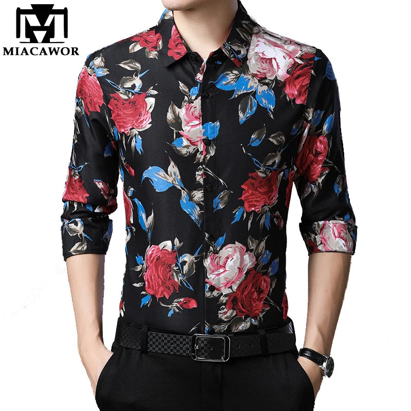 

MIACAWOR New 2020 Spring Mens Shirts Casual Slim Fit Long Sleeve Dress Shirts Men korean Flower Print Camisa Masculina C577