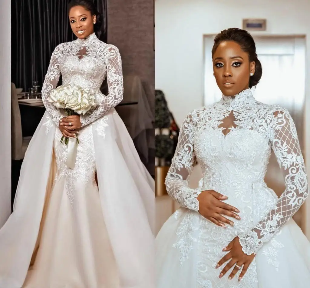 

Mermaid Wedding Dresses 2021 with Overskirt Bridal Gown High Neck African Plus Size Long Sleeves Lace Applique Custom Made