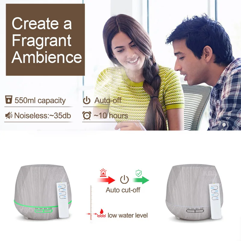 550 мл Белый Деревянный увлажнитель воздуха с пультом дистанционного управления
