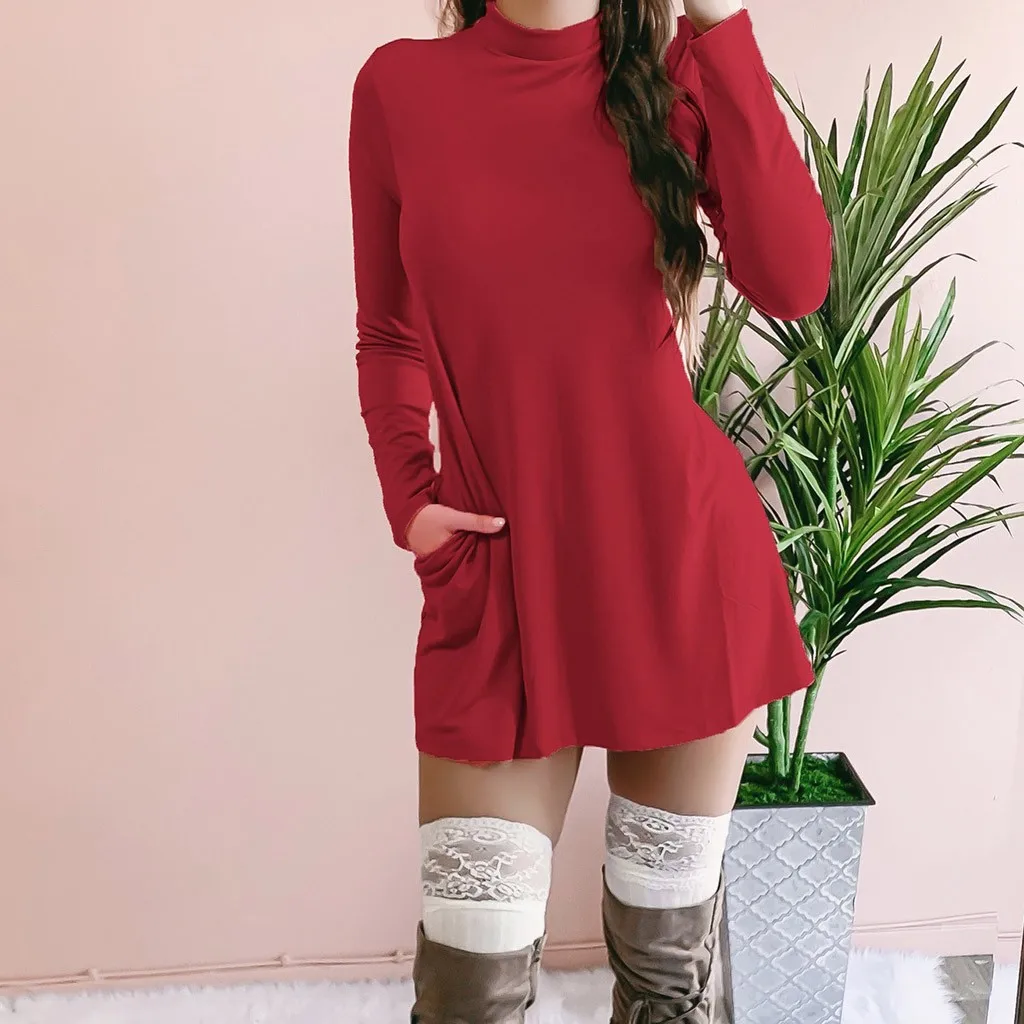 Для женщин платья с длинным рукавом Дамская обувь женские карман твердый платье