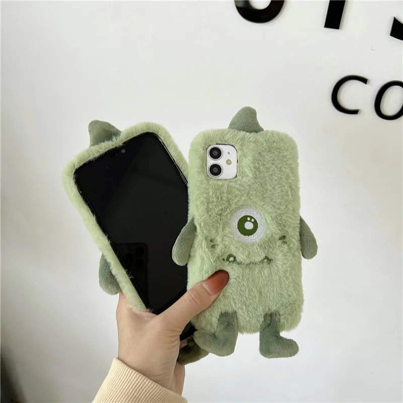 3D Cute Ears Green Little Monster Fur Plush Phone Case For Samsung S21 S20 Note 20 10 A51 A71 A21S A03S A02S A12 A32 A42 A52 A72