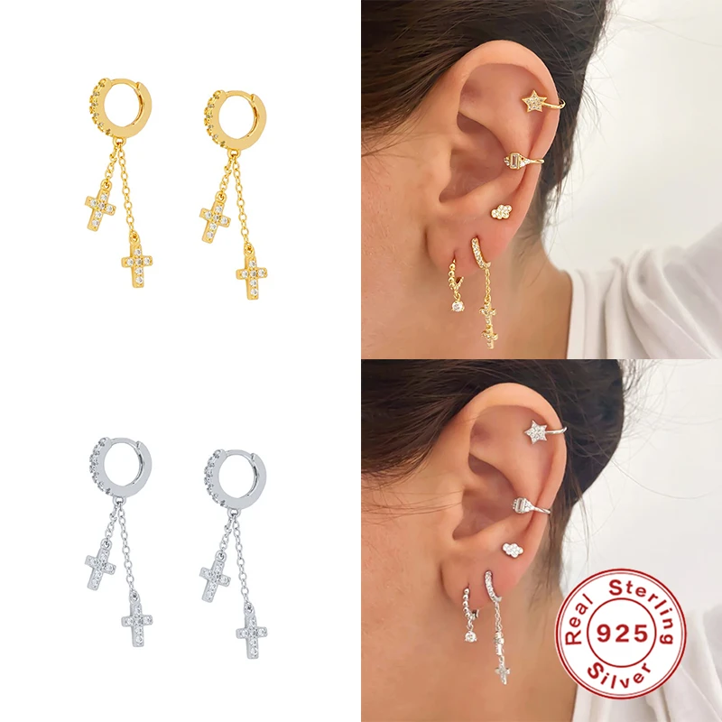 

Aide Women Tassel Double Chain Cross Pendant Hoop Earrings 925 Sterling Silver Round Shiny Zircon Earrings Jewelry Bijoux Femme
