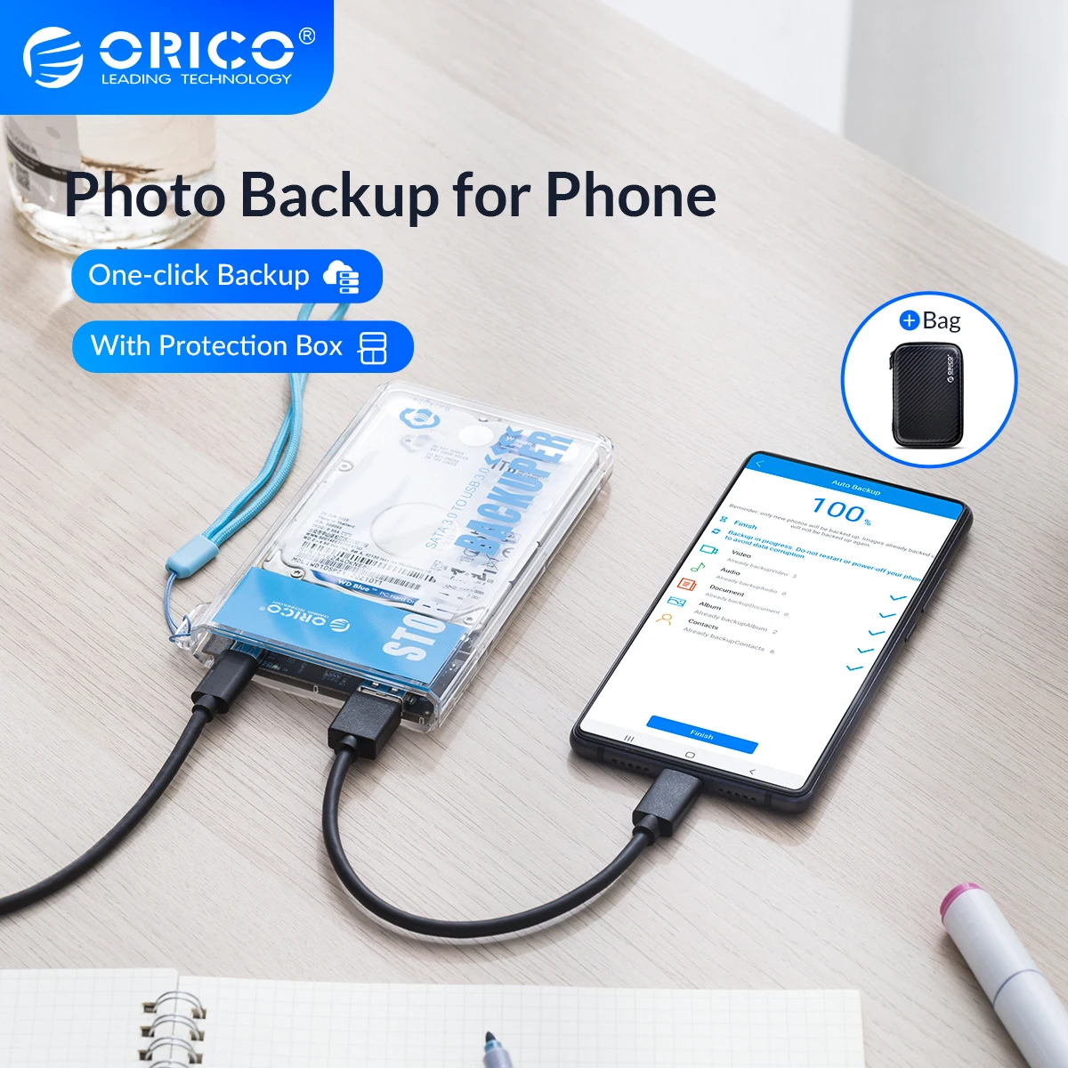 ORICO Backuper with Bag Mobile Data Backup And Sync Support 4TB 5Gbps Mobile Phone Corporate Videos/Photos Backup to Hard Drive