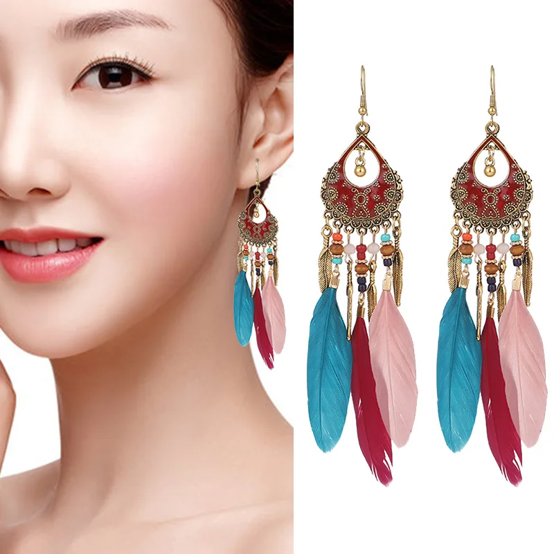 

Summer Bohemian Long Feather Earrings for Women Beach Chain Tassel Wedding Bride Jewelry Oorbellen Earrings Trendy 2021 New