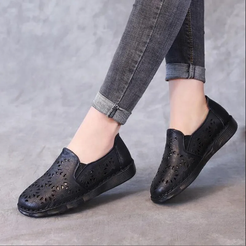 2020 Summer Women Flat Sneakers Shoes Genuine Leather Casual Flats Women Hollow Out  Ladies Slip on Loafers Ballerina Espadrille