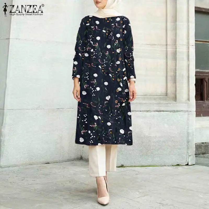 Muslim Dubai Turkey Abaya Hijab Shirt ZANZEA Women Floral Printed Long Tops Spring O Neck Long Sleeve Blouse Loose Tunic Blusas