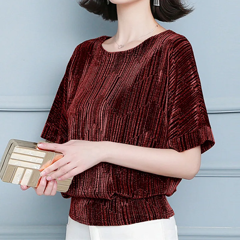 

Korean Chiffon Women's Shirt Blouses for Women Short Sleeve Vintage Shirt Female Top O-neck Blouse Top Female Satin Basic Blouse