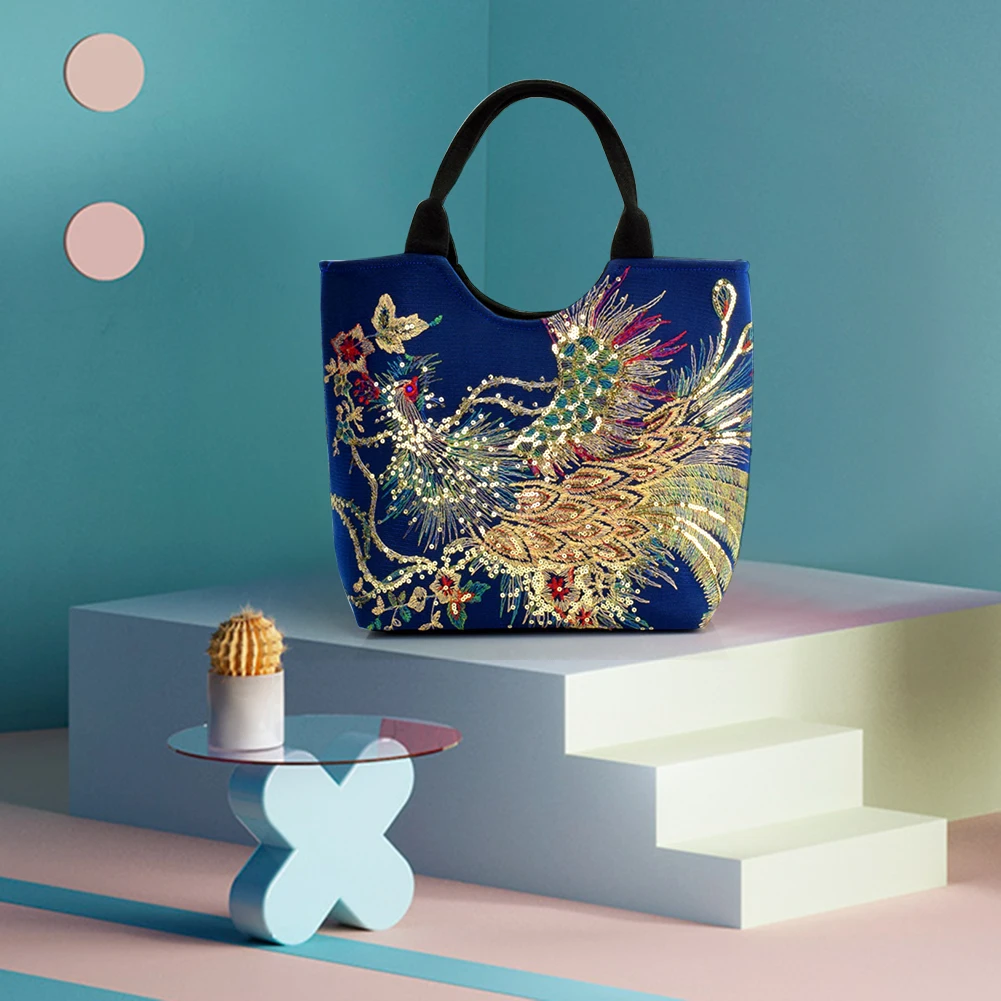 

Classic Women Shoulder Bag Peafowl Embroidery Shopping Shoulder Bag Temperament Chic Large Handbag Messenger