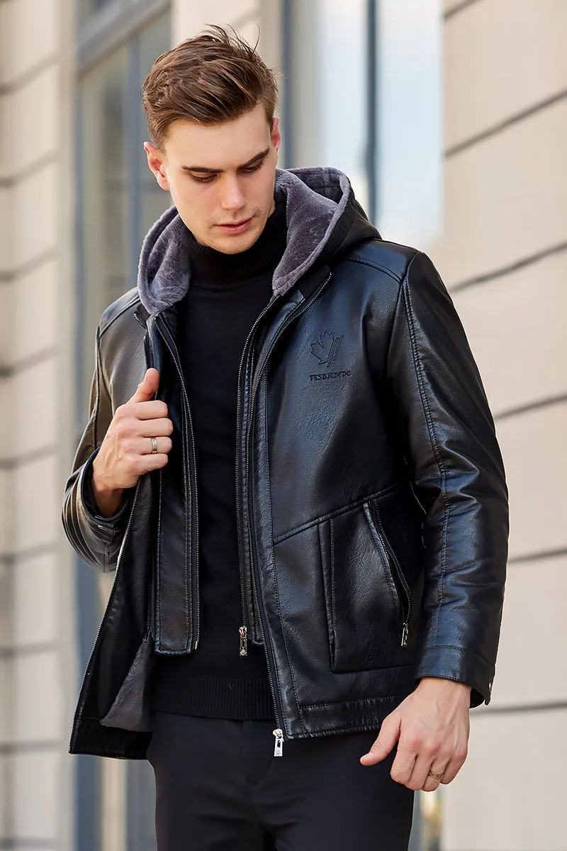 

Men Leather Jacket Coat Men Autumn Fashion Pocket Design PU Leather Jacket Men's Hooded Collar Zipper Plus Velvet PU Jacket