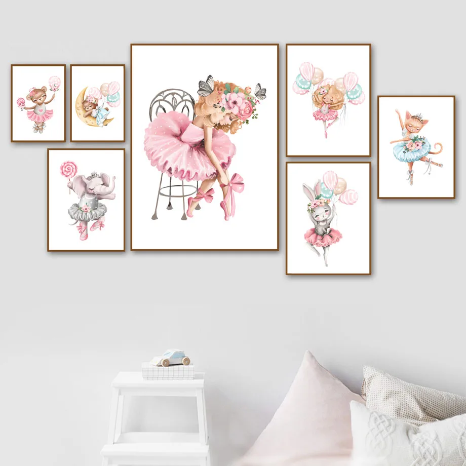 

Wall Art Canvas Painting Flower Ballet Dancing Girl Kitty Rabbit Cartoon Nordic Posters And Prints Wall Pictures For Kids Room