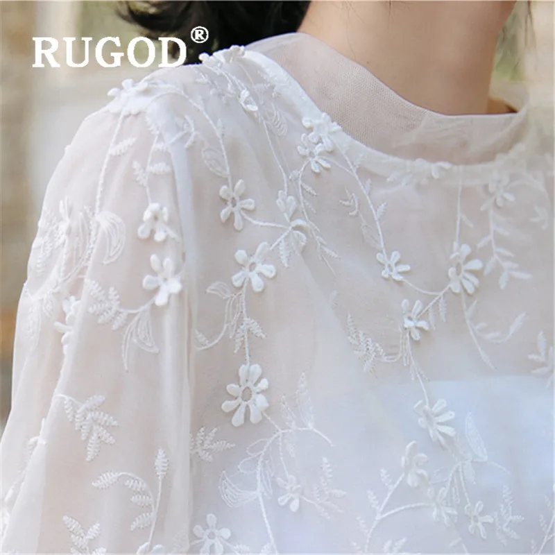 RUGOD New Fashion Korean Chic White Blouse Shirt Lace O-neck Puff Sleeved Floral Embroidery Perspective Blusas Basic Tops | Женская