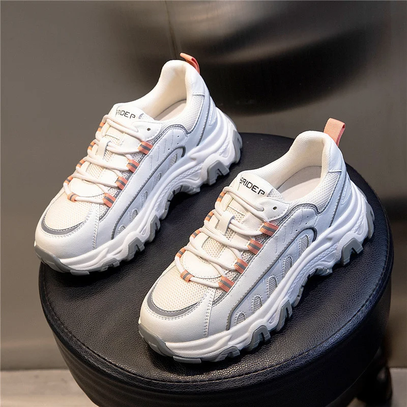 

Woman Chunky Casual Shoes Sneakers Genuine Leather Vulcanized Shoes Dad Soles Breathable Fashion Ladies Platform Footwear