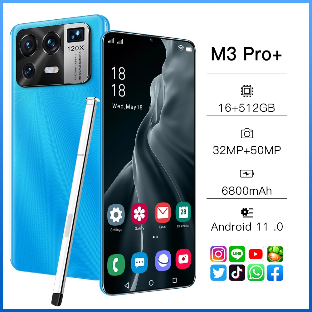 

M3 Pro 6.7 Inch Smartphone 16G+512GB 6800mAh Full Screen 32+50MP Face Unlocked 5G Android Mobile Phone 2021 Original Product