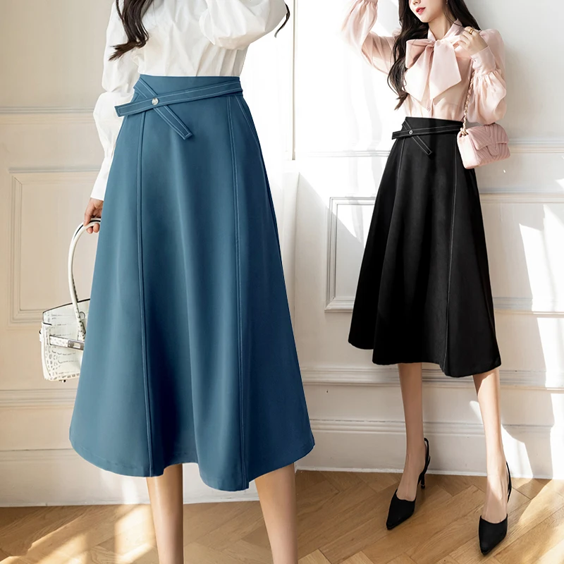 

2022 Spring New Elegant Long Skirt Womens Black Midi Skirt with Pocket Korean Bow Elastic High Waist A Line Skirts Saias Longas