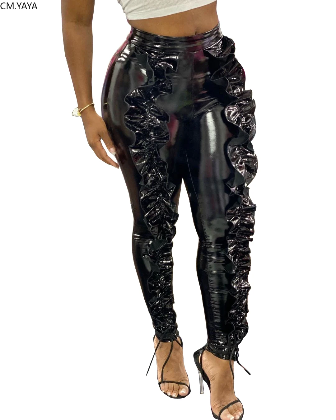 Женские леггинсы из ПУ кожи с высокой талией и оборками|Брюки| |