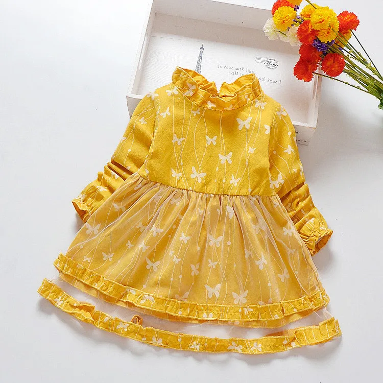 Baby Long Sleeves Lace Pure color Butterfly Pattern Children's Wear Dress Fashion O-neck Children Dresses For Wedding Party | Детская