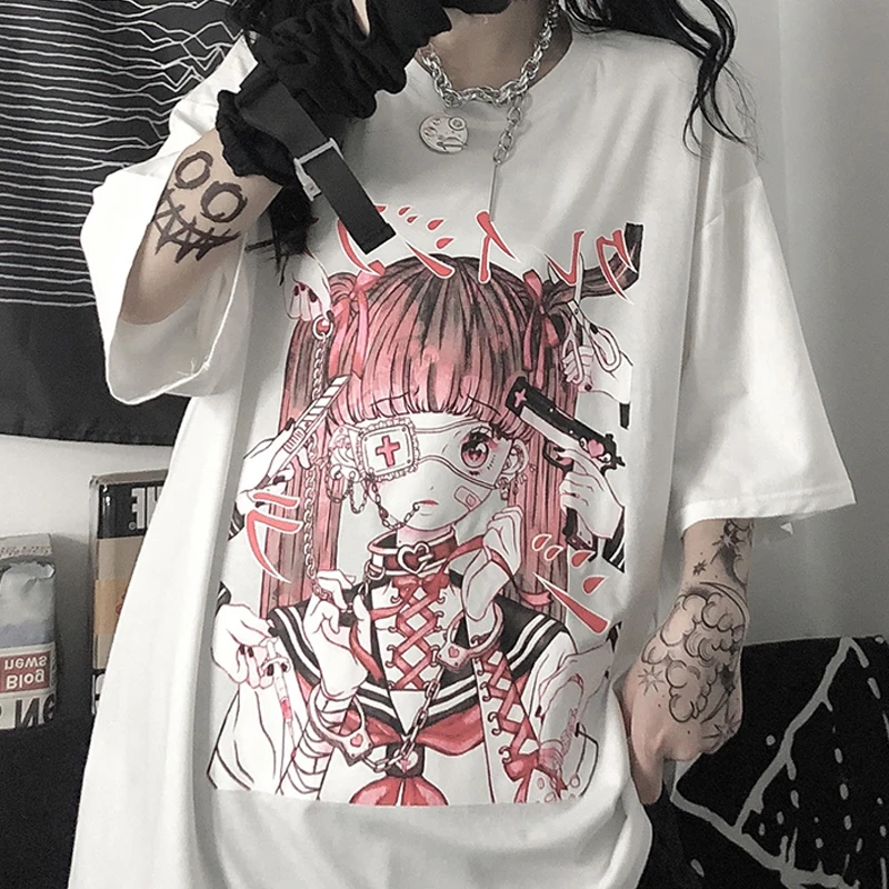 

Korean women t-shirt top Harajuku Summer Short sleeve Plus size loose dropshipping vintage punk Anime cartoon print Clothing