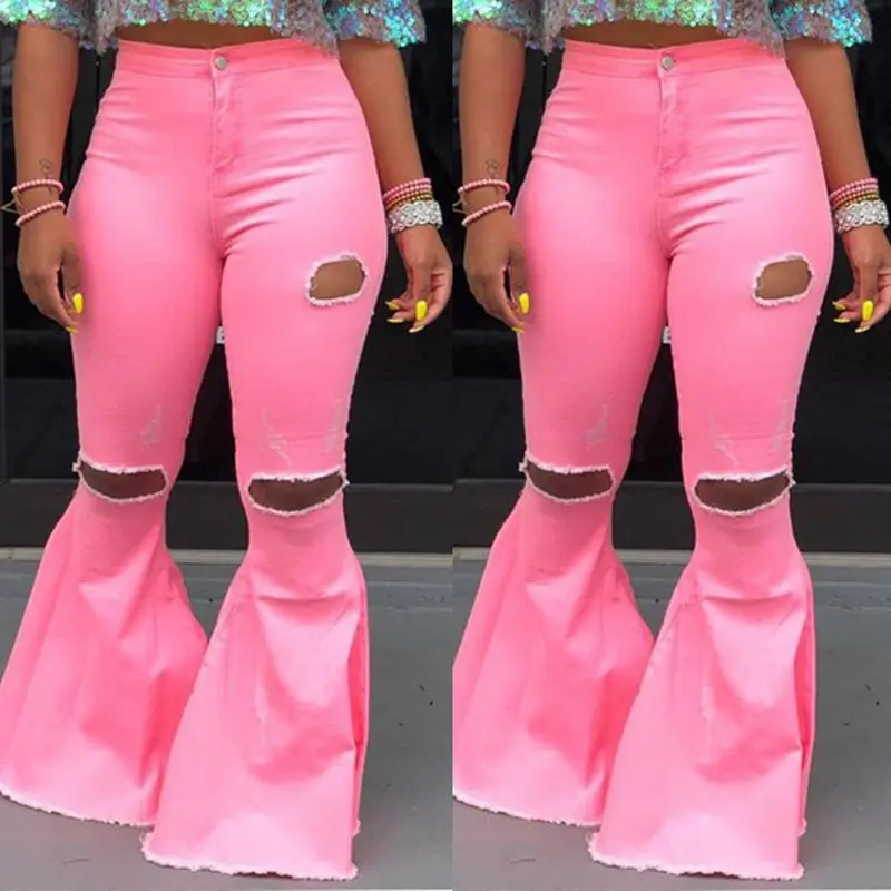 Узкие рваные джинсы с завышенной талией женские расклешенные брюки модные из