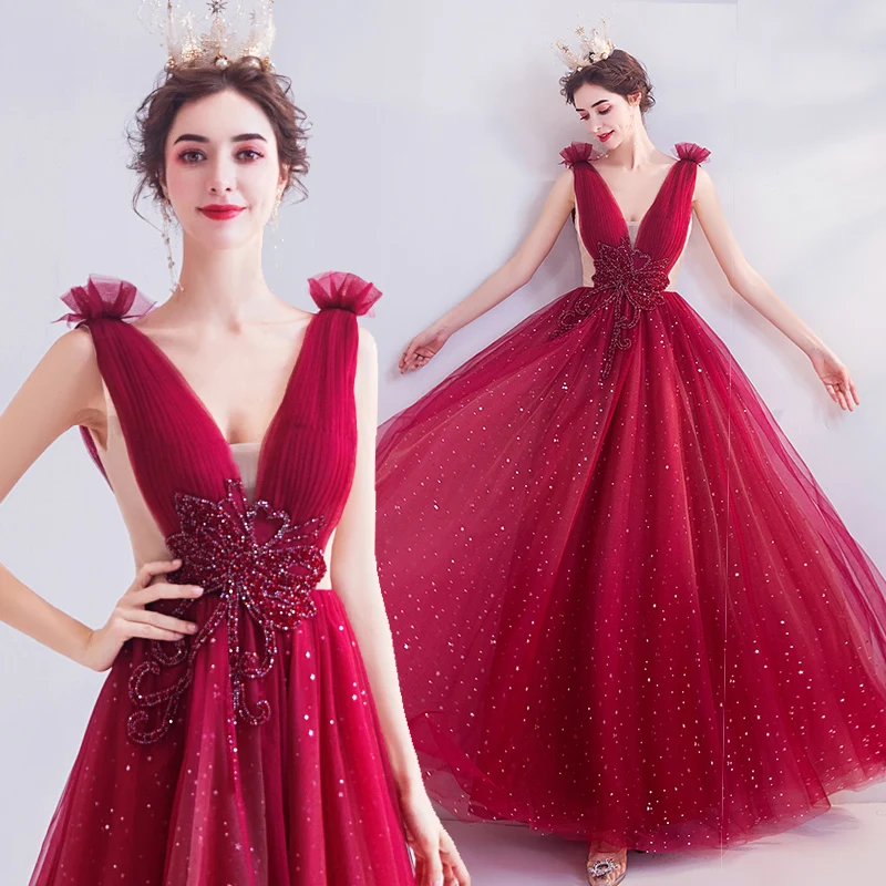 2020 New Fashion Wine Red A-line V-neck Tulle Crystal Beaded Vintage Elegant Evening Dresses Bride Banquet Party Prom Dress ND29 | Свадьбы и
