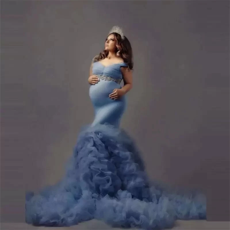 

Sky Blue Mermaid Prom Dresses Beading Sash Ruffles Maternity Robes for Photo Shoot Elegant Long Evening Gowns