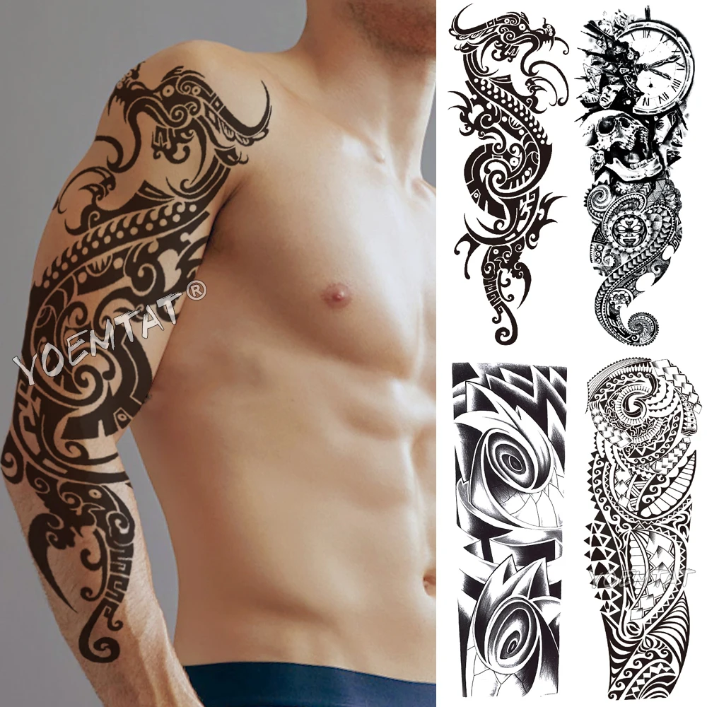 

Large Arm Sleeve Tattoo Maori Dragon Flame Waterproof Temporary Tatoo Sticker Skull Majesty Men Women Full Totem Tatto