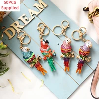 50pcs colorful parrot bird keychain rhinestone crystal purse car key chain bag decorative alloy keyring pendant drop shipping