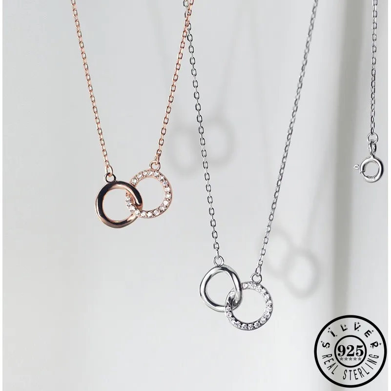 

925 Sterling Silver Irregular Crossed Zircon Round Pendant Rose Gold Color Chain Statement Party Collares Necklaces for Women