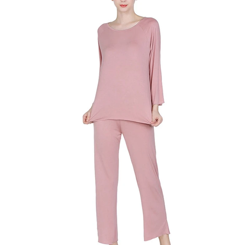 Pink Pyjamas Set Mferlier/Осенняя женская пижама из бамбукового волокна, удобная ночная рубашка с круглым вырезом и длинными рукавами+ штаны, однотонный эластичный женский пижамный комплект - Цвет: Pink Pyjamas Set