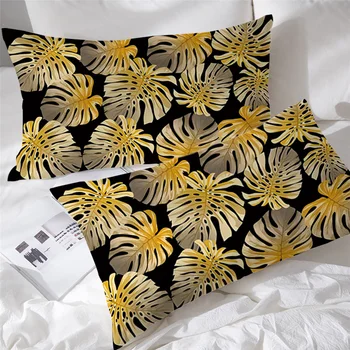 BlessLiving Tropical Leaf Pillowcase Gold Monstera Leaves Pillow Case Summer Floral Pillow Cover Black White Funda Almohad 2pcs 2