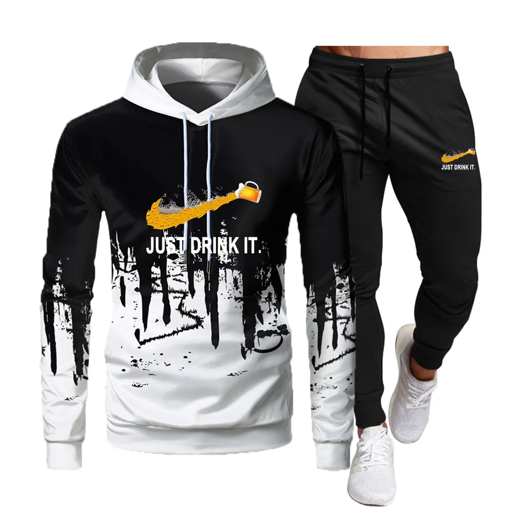 

2021 New Men's Suit Autumn/winter new Splash-ink print hoodie fashionable hot brand men's sports casual suit outdoor sports two-