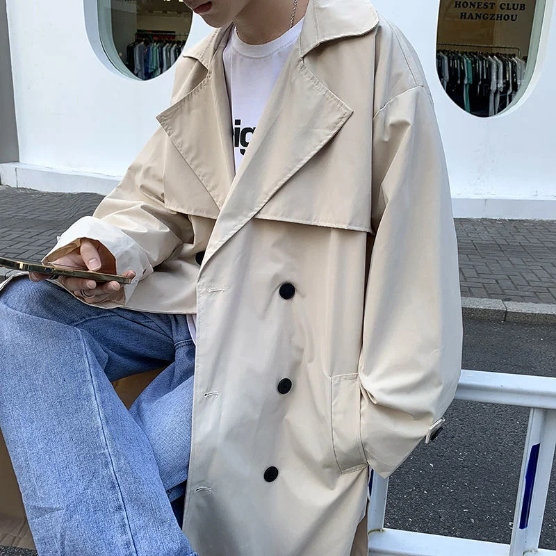 Men's Windbreaker Coat Medium Long Solid Color Double Breasted Knee Length Spring And Autumn Loose Casual Fashion Surprise Price | Мужская