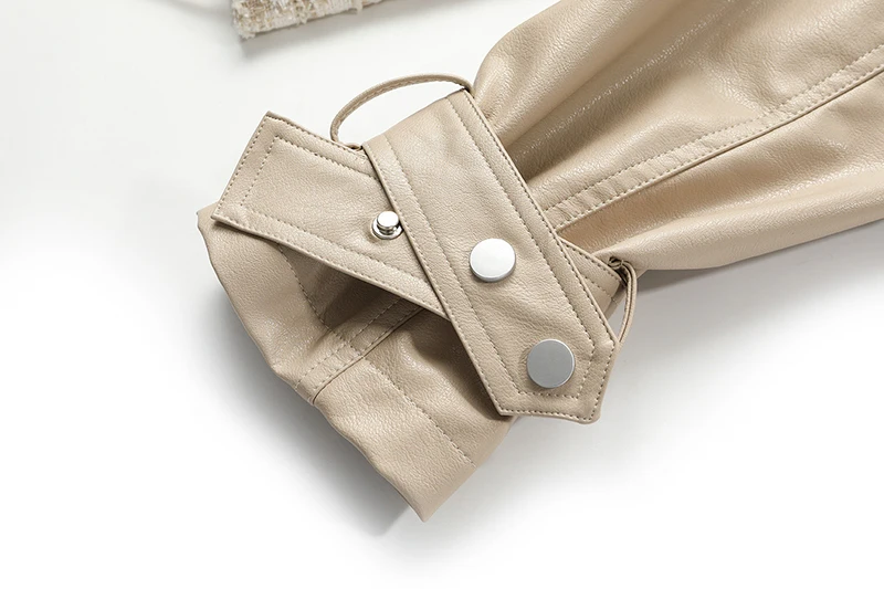 

[EAM] Loose Fit Apricot Tweed Big Size Pu Leather Jacket New Lapel Long Sleeve Women Coat Fashion Autumn Winter 2021 1DD4317