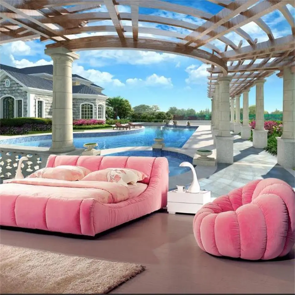 3d фотообои нестандартного размера для гостиной открытый бассейн морской домик