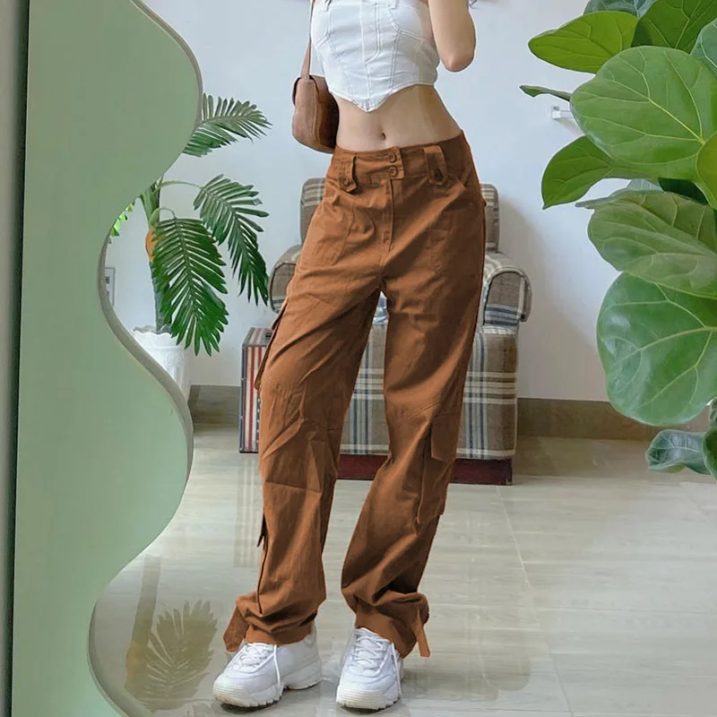 

Женские однотонные повседневные брюки, свободные брюки-карго в ретро стиле для девочек, Длинные прямые брюки-комбинезоны с карманами для ос...