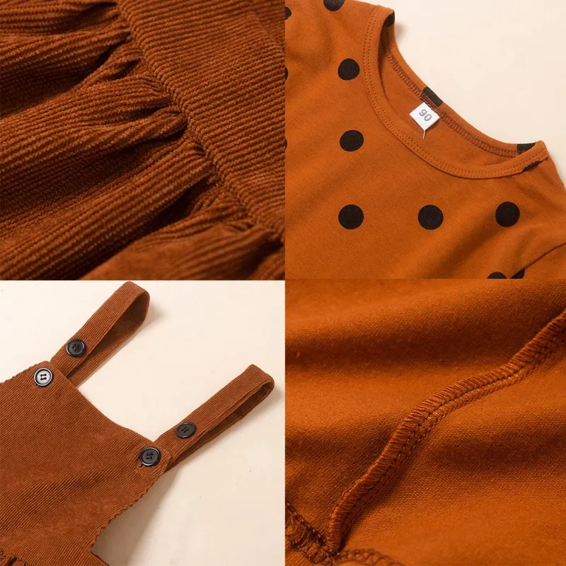 

Spring Autumn Baby Girl Long Sleeve Dot Print T-shirt Blouse+Solid Color Strap Dress Casual Outfits Set