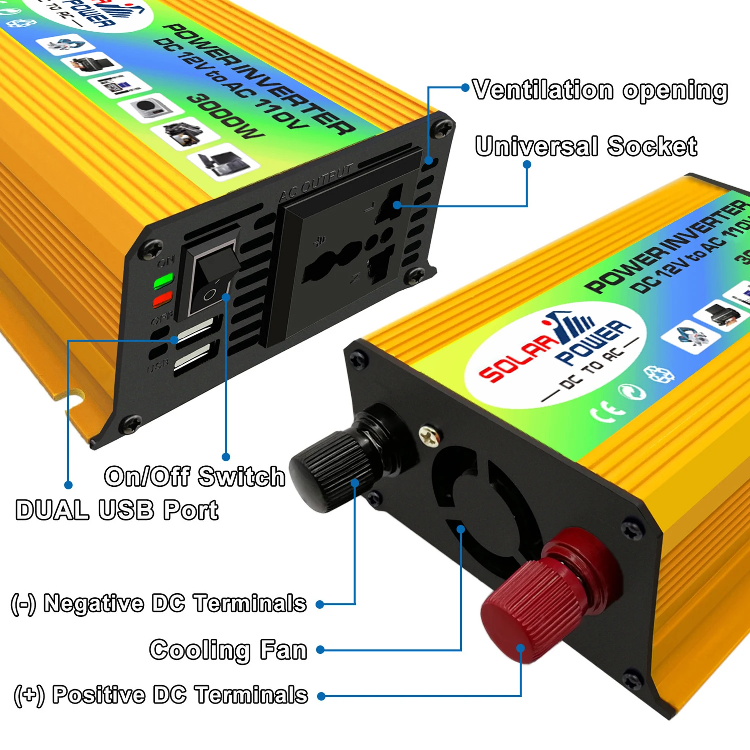 3000 Вт Солнечный инвертор DC12V к AC220V/110 в авто с 2.1A двойной USB порт батареи зажимы