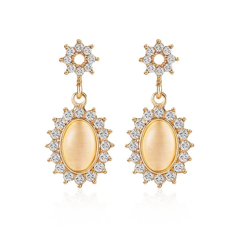 

Fashion Style Oval Stone Inlaid Sun Flower Gold Retro Cubic Zircon Necklace Cat's Eye Stone Earrings FREE Chain
