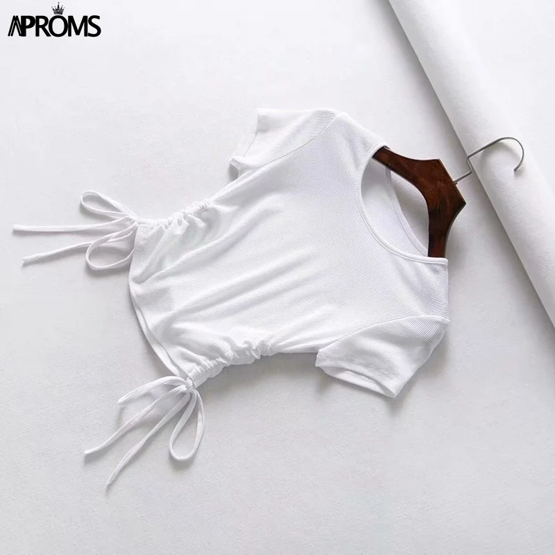 White New Aproms, сексуальные женские укороченные топы с v-образным вырезом, на завязках спереди, топы ярких цветов, уличная одежда, облегающий ребристый кроп-топ - Цвет: White New