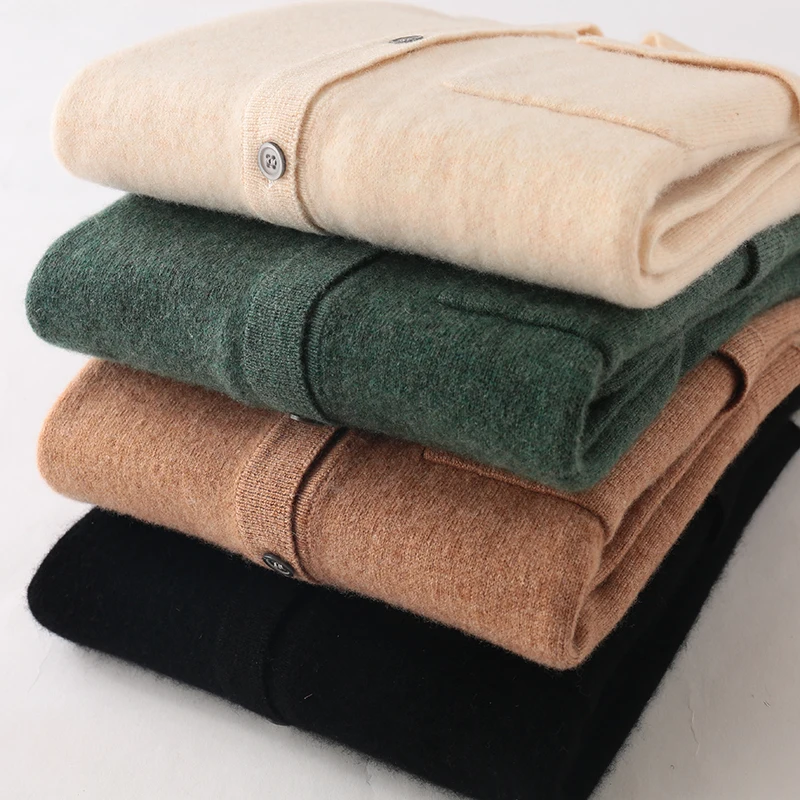 

New 2020 Spring Womens 100 Fine Wool Shirt Collar Long Bottom Cardigan Pocket Colors Female Knitted Shirt Jacket Classic Sweater