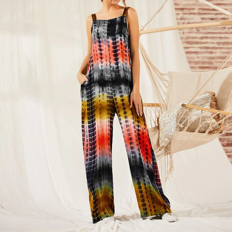 

Sexy Spaghetti Strap Loose Jumpsuit Romper Female Summer Gradient Dye Tie Printed Wide Leg Overalls Pant Casual Playsuit