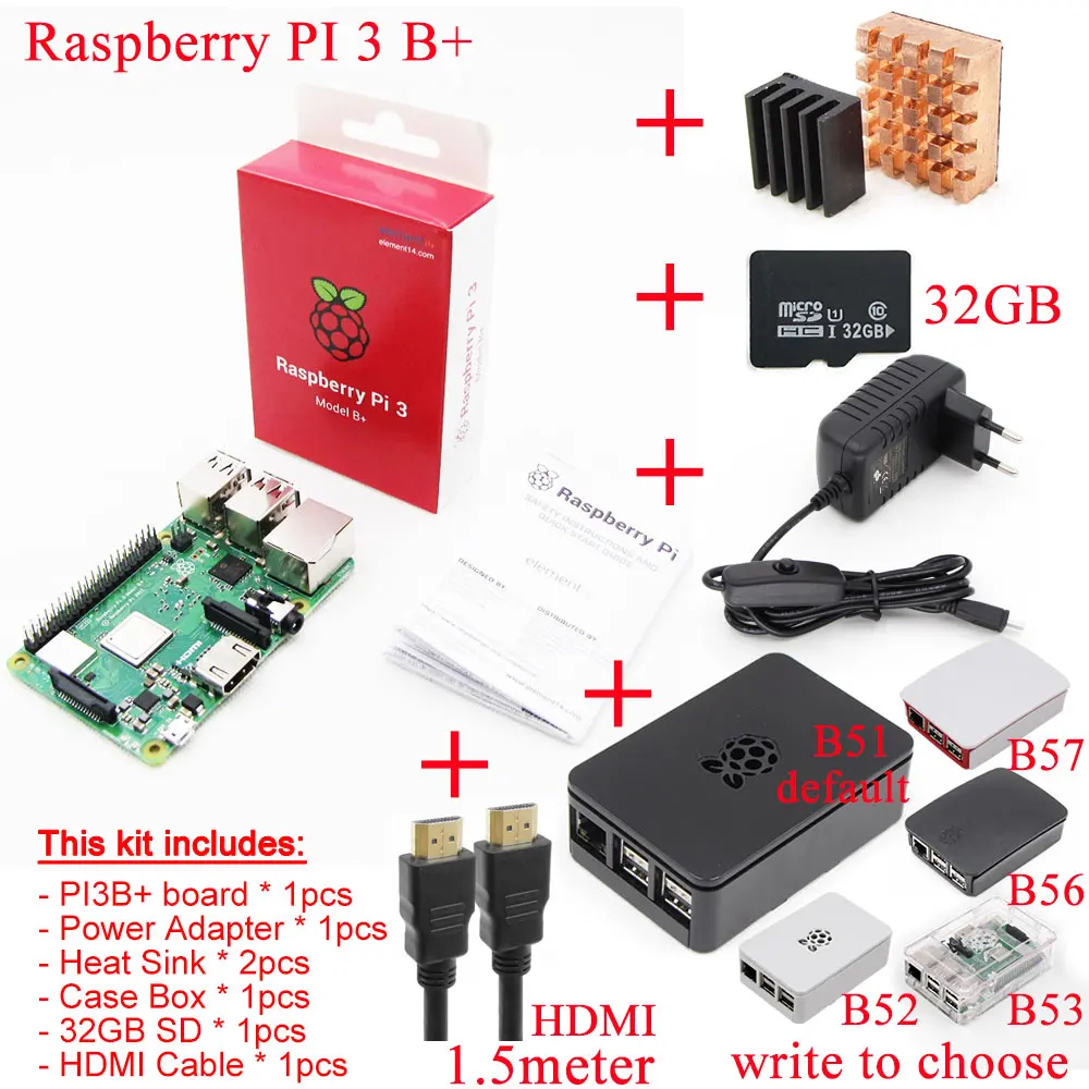 Raspberry Pi 3 Model B+ плюс плата+ теплоотвод+ адаптер питания источник питания переменного тока. 1Гб LPDDR2 четырехъядерный WiFi и Bluetooth