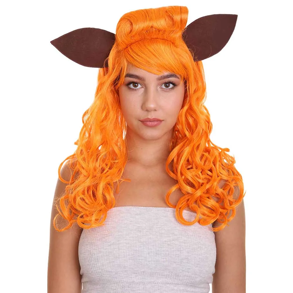 HPO Synthetic Orange Lolita Curly Wavy Lovely Fox Wigs Bang with Ears Cosplay Wig Animal Fancy Party Event Costume Halloween