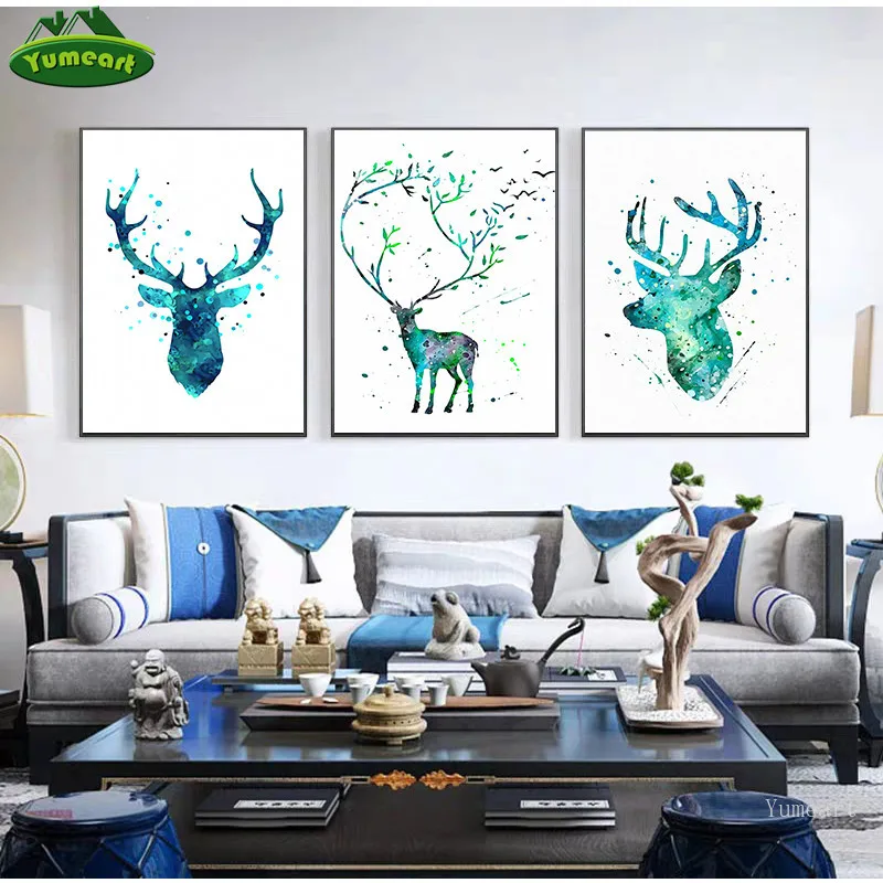 Абстрактная акварельная картина силуэт оленя силуэта плакат принты