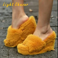 sexy plush cotton slippers womens summer high heeled slippers winter new style color thick soled wedges with womens slippers