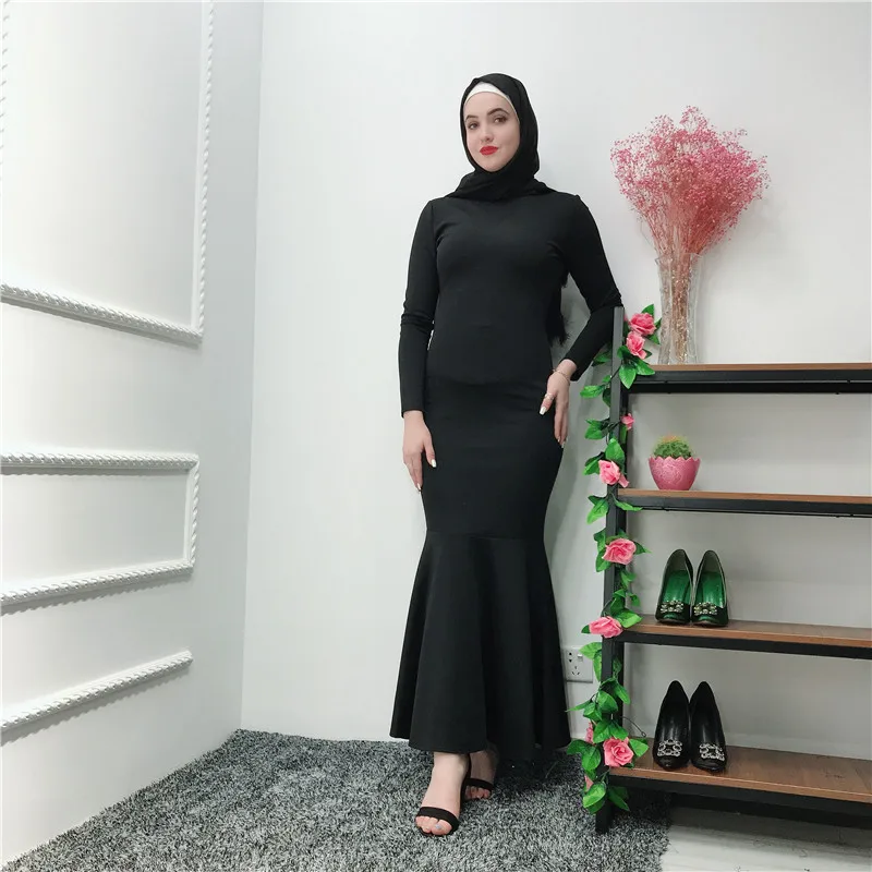 Clearance Solid Trumpet Long Dress Round Neck Sleeve Muslim Bottoming Mermaid Dresses for Open Abaya and Kimonos Black | Женская одежда