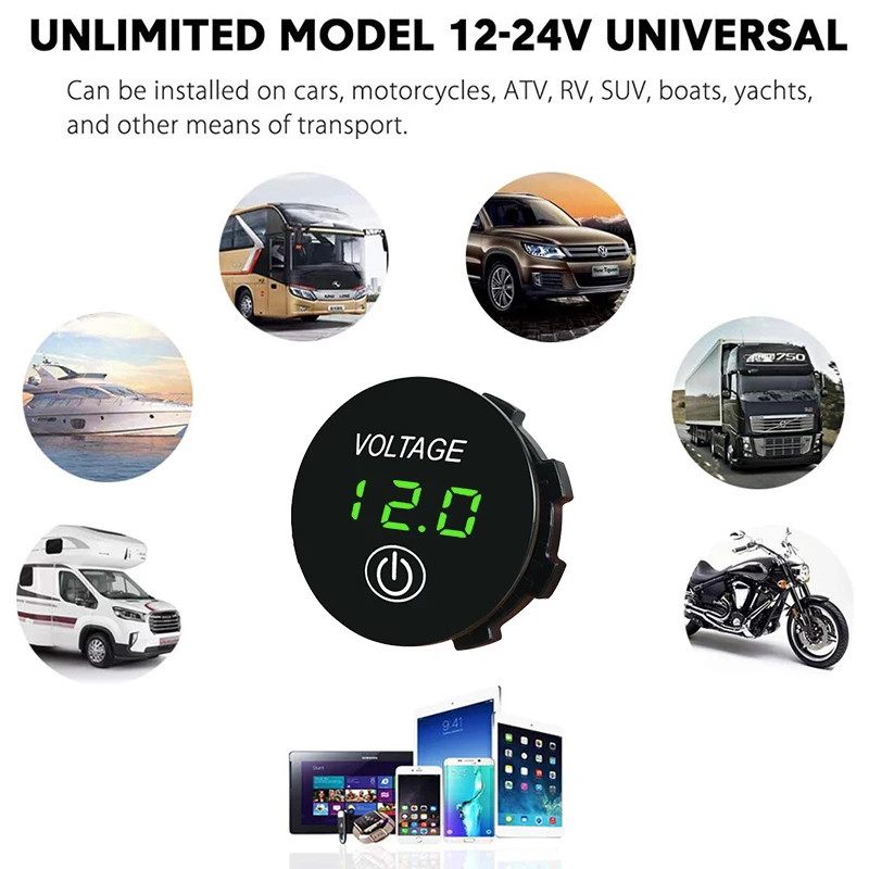 12V/24V Voltage Gauge with Touch Switch LED Digital Display Waterproof Car Voltmeter for Boat Marine Truck Motorcycle | Автомобили и